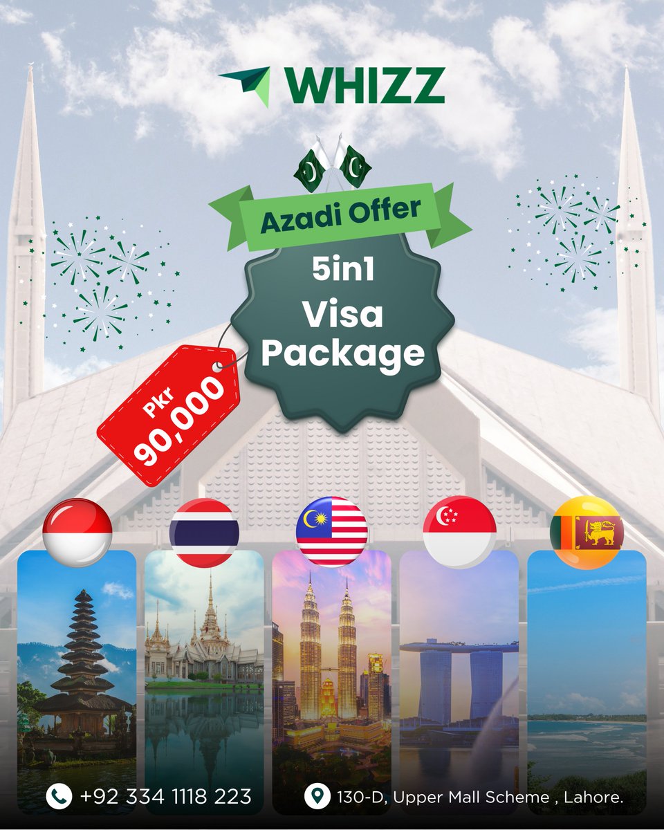whizz_pk's tweet image. ✈️ 𝐂𝐞𝐥𝐞𝐛𝐫𝐚𝐭𝐞 𝐀𝐳𝐚𝐝𝐢 𝐰𝐢𝐭𝐡 𝐖𝐇𝐈𝐙𝐙! 🇵🇰
This Independence Day, unlock the world with our Exclusive 5-in-1 Visa Package 🌏covering Indonesia, Thailand, Malaysia, Singapore, and Sri Lanka
#AzadiOffer #WHIZZTravel #VisaDeals #ExploreTheWorld #PakistanIndependenceDay