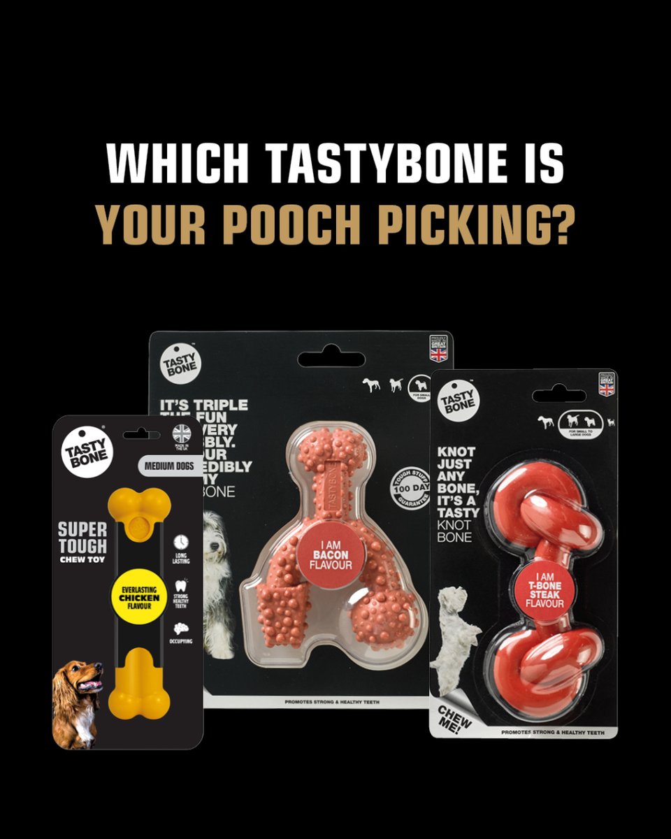 TastyBone_UK's tweet photo. What’s your dog’s TastyBone favourite? 🦴

Do they go crazy for the knobbly Trio Bone, savour every bite of the yummy Knot Bone, or stick to the classics with the super tough TastyBone?

Let us know which one gets their tail wagging! https://t.co/XhfBPfmuq8
