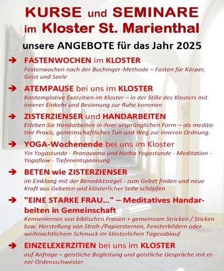 KlosterStMarien's tweet image. #Kurse &amp;amp; #Seminare bei uns im #Kloster St. #Marienthal:
- Fastenwochen
- Atempause – Kontemplative Exerzitien
- Zisterzienser &amp;amp; Handarbeiten
- Beten wie Zisterzienser
- Eine starke Frau… meditatives Handarbeiten
- Einzelexerzitien
Link zur Übersicht: &amp;gt;&amp;gt;&amp;gt; kloster-marienthal.de/zu-gast-bei-un…