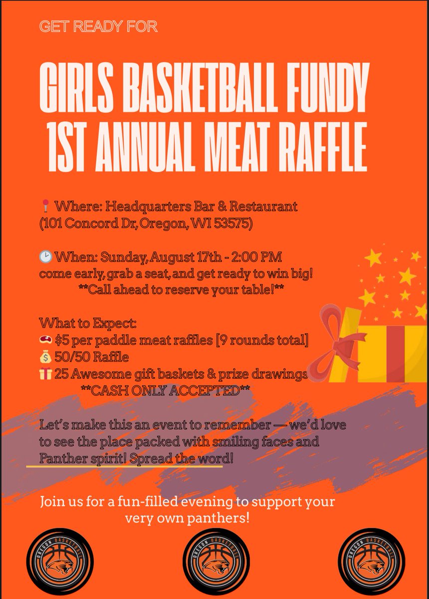 🥩🏀 This Sunday! Join us for the 1st Annual Oregon Girls Basketball Meat Raffle 🎉
📅 Sunday, April 7 — 2:00 PM
📍 Headquarters Bar &amp; Restaurant, Oregon, WI
🎟 $5 paddles
💰 50/50 raffle
🎁 Gift &amp; prize drawings
All proceeds support our Panther basketball athletes! 🖤🧡
