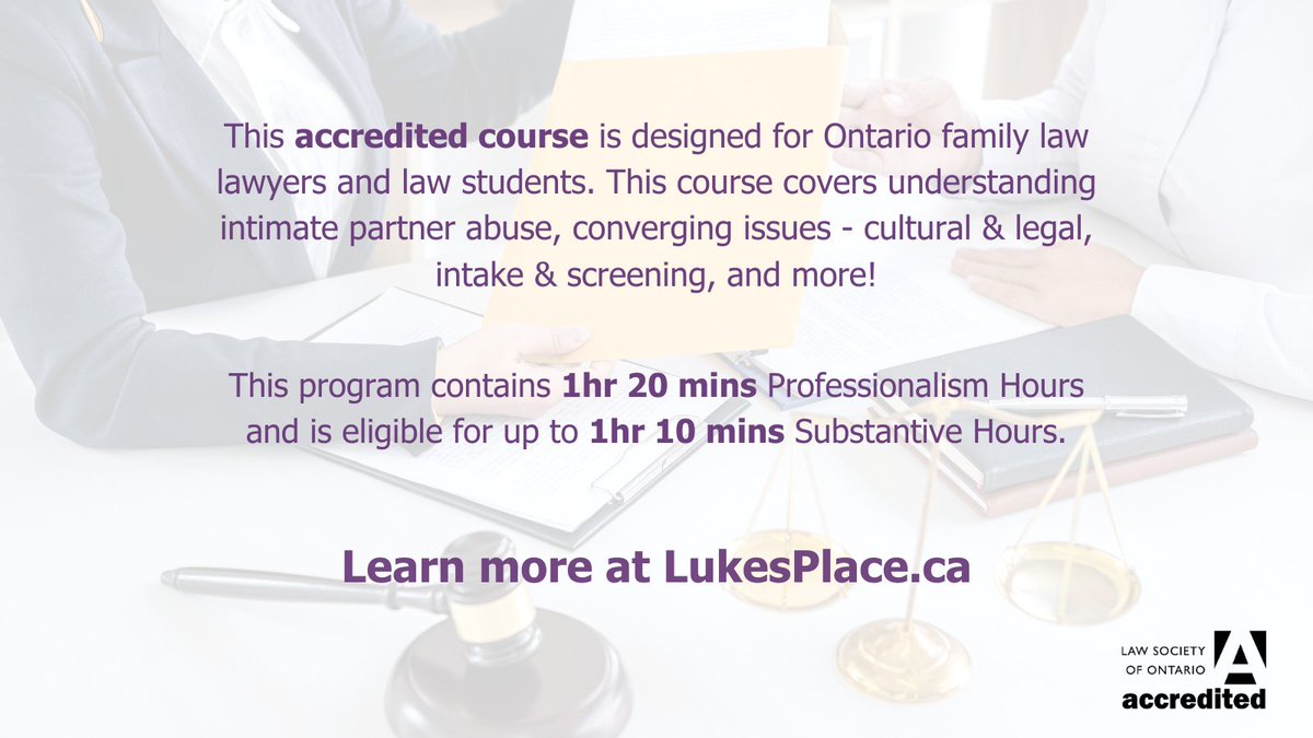 Luke's Place (@lukesplace1) on Twitter photo Family law lawyers & students: Enhance your skills with our online course on Effective Lawyering in Abusive Relationships!
🎓 Free for law students! Email training@lukesplace.ca.
⚖️ Lawyers: $125.
More info: ow.ly/E8Hy50Wy22Z Family law lawyers & students: Enhance your skills with our online course on Effective Lawyering in Abusive Relationships!
🎓 Free for law students! Email training@lukesplace.ca.
⚖️ Lawyers: $125.
More info: ow.ly/E8Hy50Wy22Z
