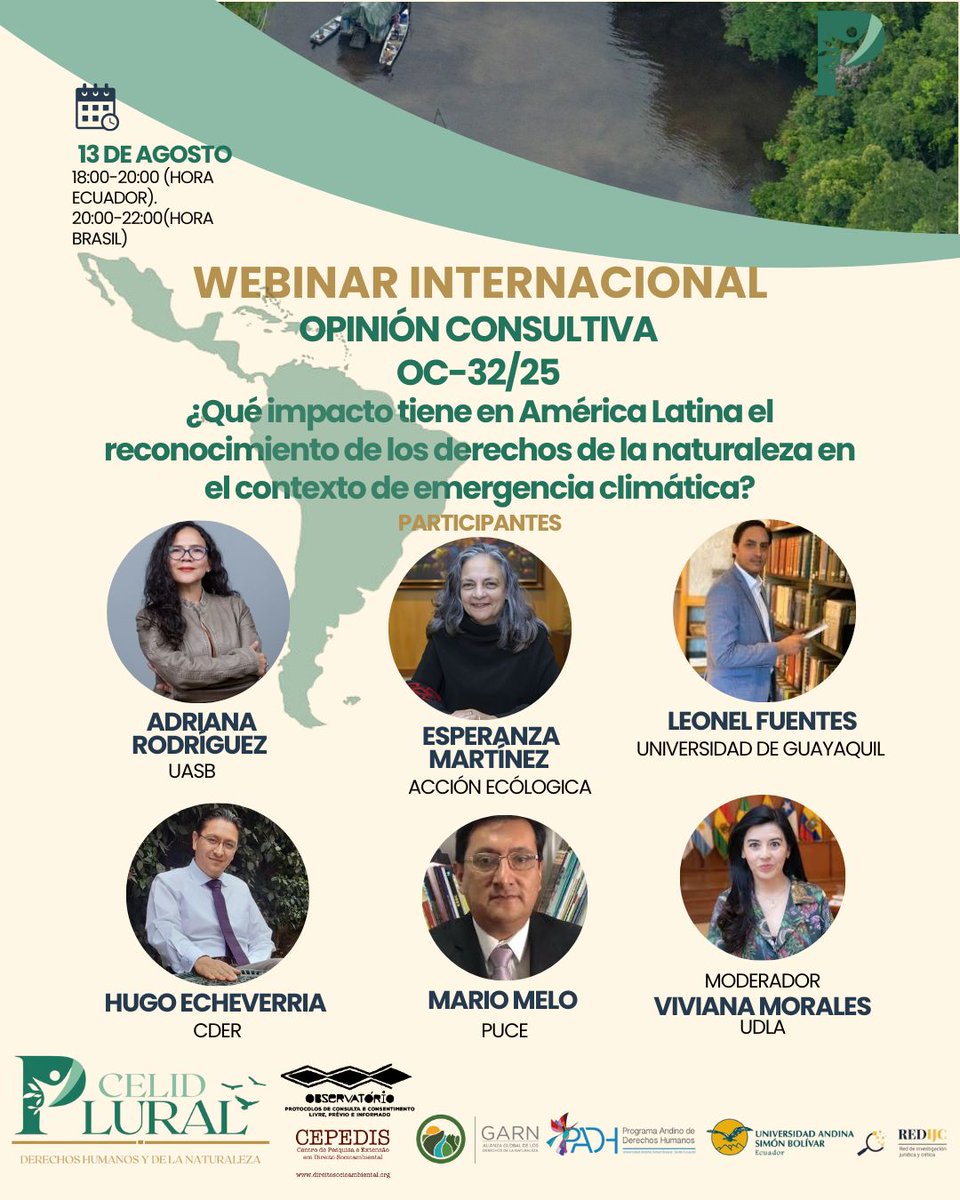 ¡Cuenta regresiva!
¡Faltan solo 3 días para el gran cierre de nuestro webinar sobre la OC32-25!
Escucha a ponentes nacionales  que alzarán su voz en defensa de los Derechos de la Naturaleza.
Miércoles 13 de agosto
18h00 (hora Quito)
Inscríbete aquí: us02web.zoom.us/.../reg.../WN_…
¡No te