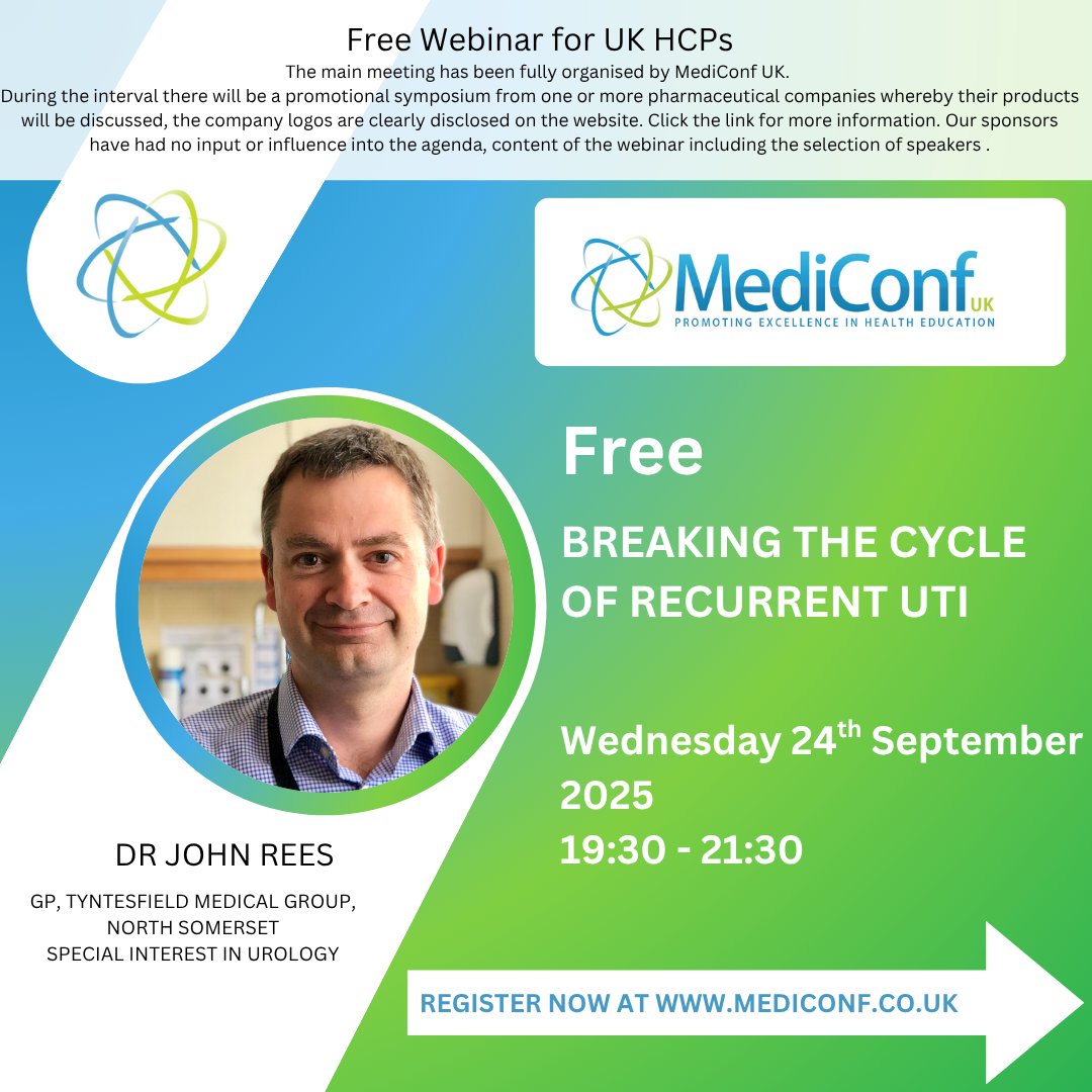 For UK HCPs: 💡Join Dr Jon Rees on 24th September for an in-depth session covering:

🔹 Recurrent, relapsing &amp; chronic UTI definitions
🔹 Antibiotic &amp; non-antibiotic strategies
🔹 Real-life case studies

📅 Book now: mediconf.co.uk/event-details.…

#UTI #PrimaryCare  #MedicalEducation
