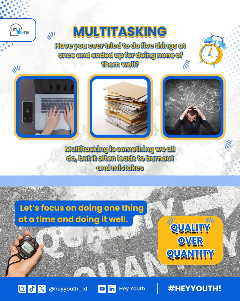 heyyouth_id's tweet photo. Have you ever tried to do five things at once and ended up doing none of them well?
Multitasking is something we all do, but it often leads to burnout and mistakes. Let’s focus on doing one thing at a time and doing it well.
#ThingsWeAllDo #Mindfulness #HeyYouth https://t.co/gPmbnZfoVr