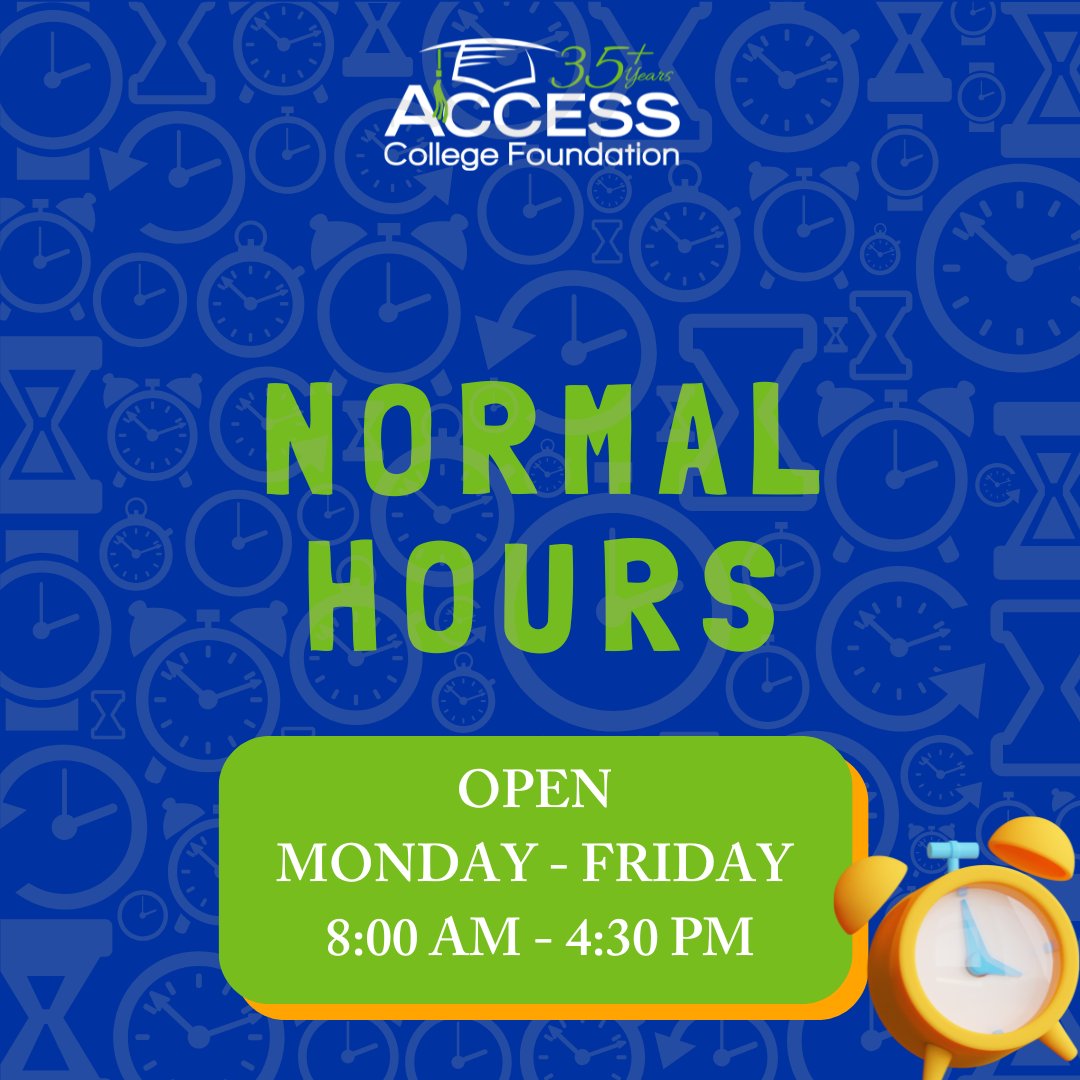 🕘 We’re back to our regular hours! The ACCESS College Foundation main office is back open Monday through Friday from 8:00 AM to 4:30 PM. Please reach out if we can be of assistance!