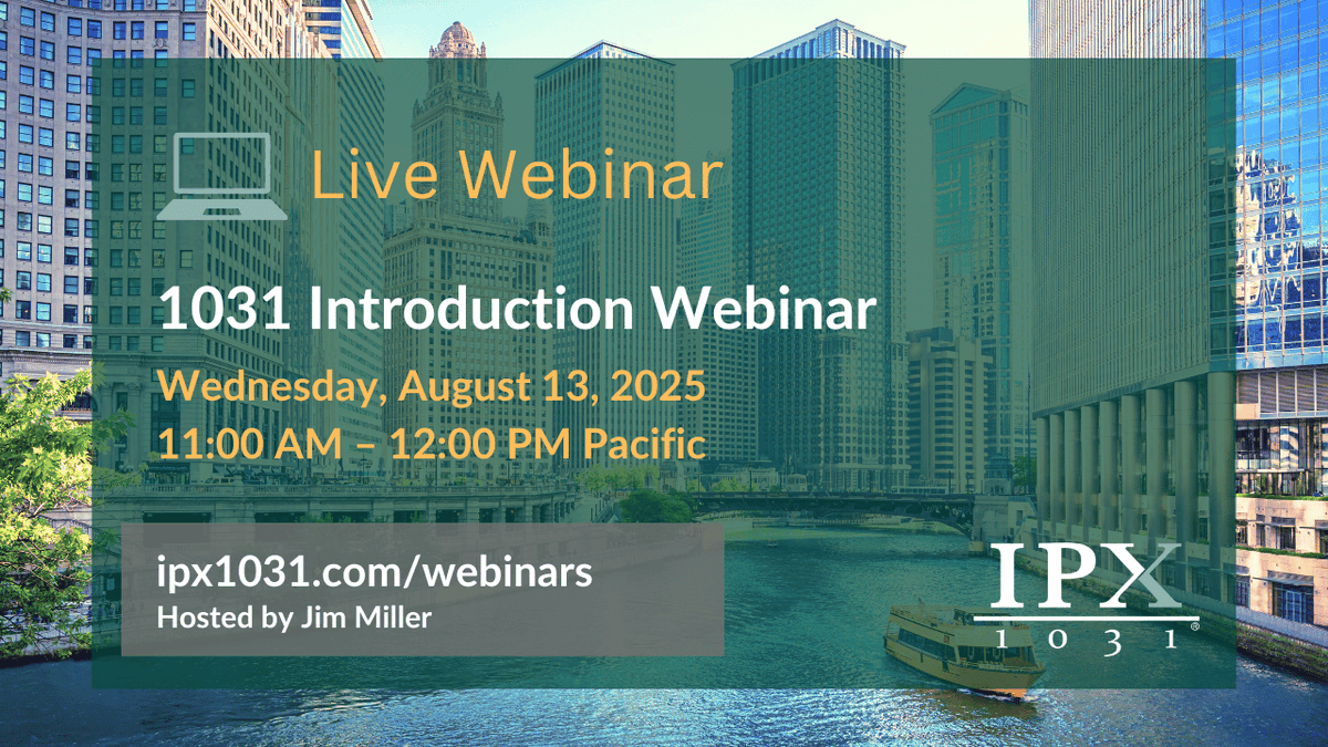 Register to join IPX1031's upcoming live Introduction to 1031 Exchanges webinar. August 13, 11a-12p PT / 2p-3p ET. Hear about all basic rules, regulations, benefits, and other concepts necessary for a successful 1031 Exchange. Complimentary. loom.ly/9PRu1Y4