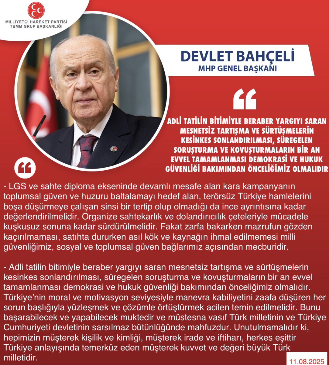 MHP KARAKÖPRÜ İLÇE BAŞKANLIĞI (@mhp_ka) on Twitter photo Genel Başkanımız Sayın Devlet BAHÇELİ <a href="/dbdevletbahceli/">Devlet Bahçeli</a>: Adli tatilin bitimiyle beraber yargıyı saran mesnetsiz tartışma ve sürtüşmelerin kesinkes sonlandırılması, süregelen soruşturma ve kovuşturmaların bir an evvel tamamlanması demokrasi ve hukuk güvenliği bakımından önceliğimiz Genel Başkanımız Sayın Devlet BAHÇELİ <a href="/dbdevletbahceli/">Devlet Bahçeli</a>: Adli tatilin bitimiyle beraber yargıyı saran mesnetsiz tartışma ve sürtüşmelerin kesinkes sonlandırılması, süregelen soruşturma ve kovuşturmaların bir an evvel tamamlanması demokrasi ve hukuk güvenliği bakımından önceliğimiz