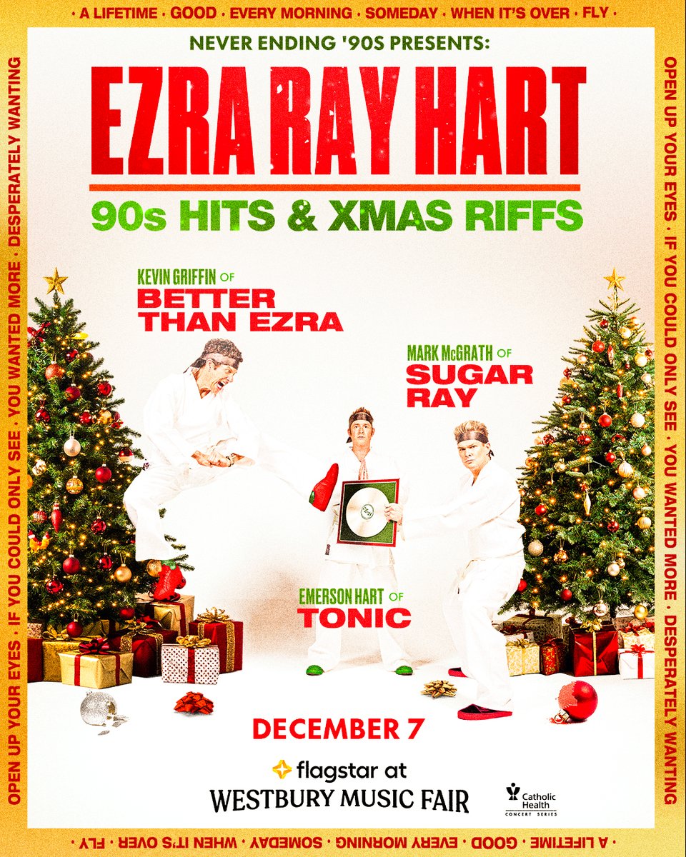 MusicAtWestbury's tweet image. #Announced 🎁 Never Ending 90s Presents: Ezra Ray Hart - HITS &amp;amp; XMAS RIFFS - December 7
Presale begins on Wednesday at 10AM (code: RHYTHM)
Tickets go on sale to the General Public on Friday at 10AM!
🎫 bit.ly/411WFpD