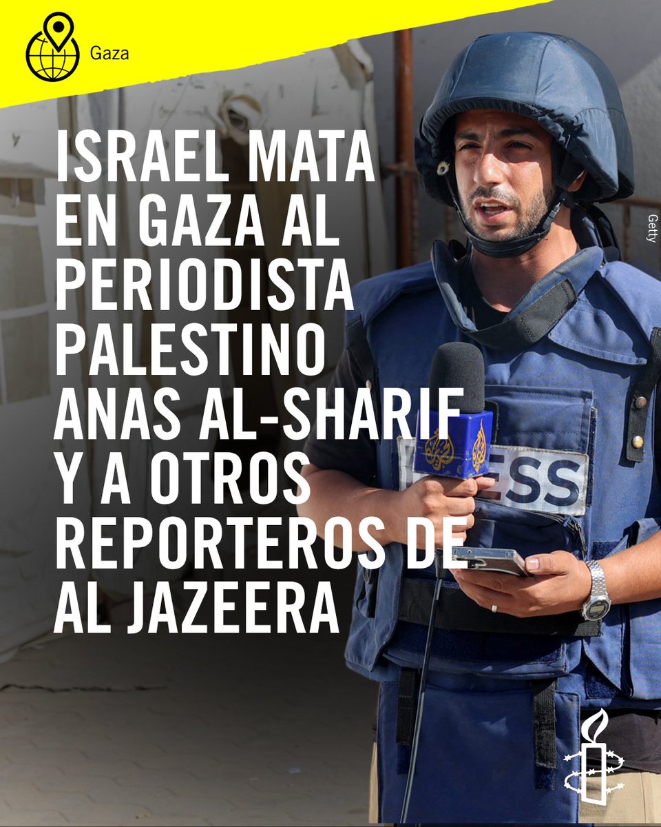 Amnistía Internacional España (@amnistiaespana) on Twitter photo 🔴 Condenamos con toda la rabia del mundo los asesinatos deliberados de <a href="/AnasAlSharif0/">أنس الشريف Anas Al-Sharif</a> y otros periodistas de <a href="/AJEnglish/">Al Jazeera English</a>. Fueron asesinados por Israel en un ataque selectivo contra la tienda de campaña donde trabajaban y vivían en la ciudad de Gaza. ⬇️ HILO. 🔴 Condenamos con toda la rabia del mundo los asesinatos deliberados de <a href="/AnasAlSharif0/">أنس الشريف Anas Al-Sharif</a> y otros periodistas de <a href="/AJEnglish/">Al Jazeera English</a>. Fueron asesinados por Israel en un ataque selectivo contra la tienda de campaña donde trabajaban y vivían en la ciudad de Gaza. ⬇️ HILO.
