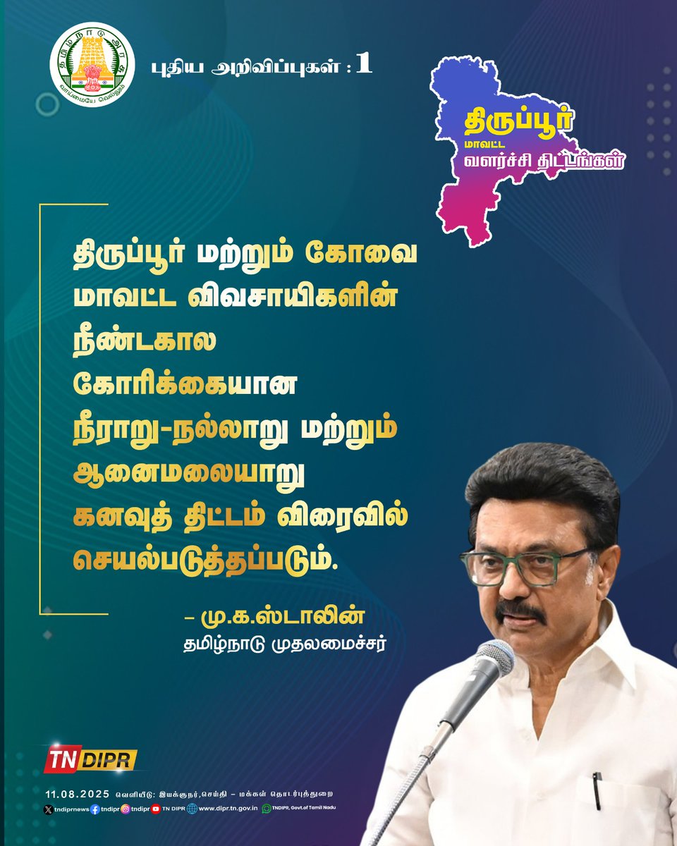CMOTamilnadu's tweet photo. திருப்பூர் மாவட்டம் உடுமலைப்பேட்டையில் நடைபெற்ற அரசு விழாவில் 7 முக்கிய அறிவிப்புகளை மாண்புமிகு முதலமைச்சர் @mkstalin அவர்கள் வெளியிட்டார்.

1/2 https://t.co/INfS9C0CBj