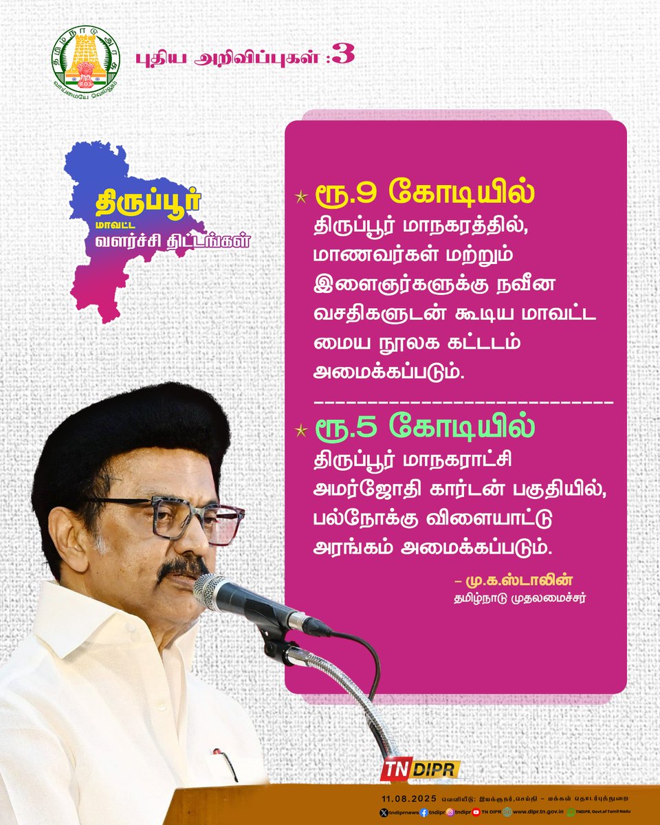 CMOTamilnadu's tweet photo. திருப்பூர் மாவட்டம் உடுமலைப்பேட்டையில் நடைபெற்ற அரசு விழாவில் 7 முக்கிய அறிவிப்புகளை மாண்புமிகு முதலமைச்சர் @mkstalin அவர்கள் வெளியிட்டார்.

1/2 https://t.co/INfS9C0CBj