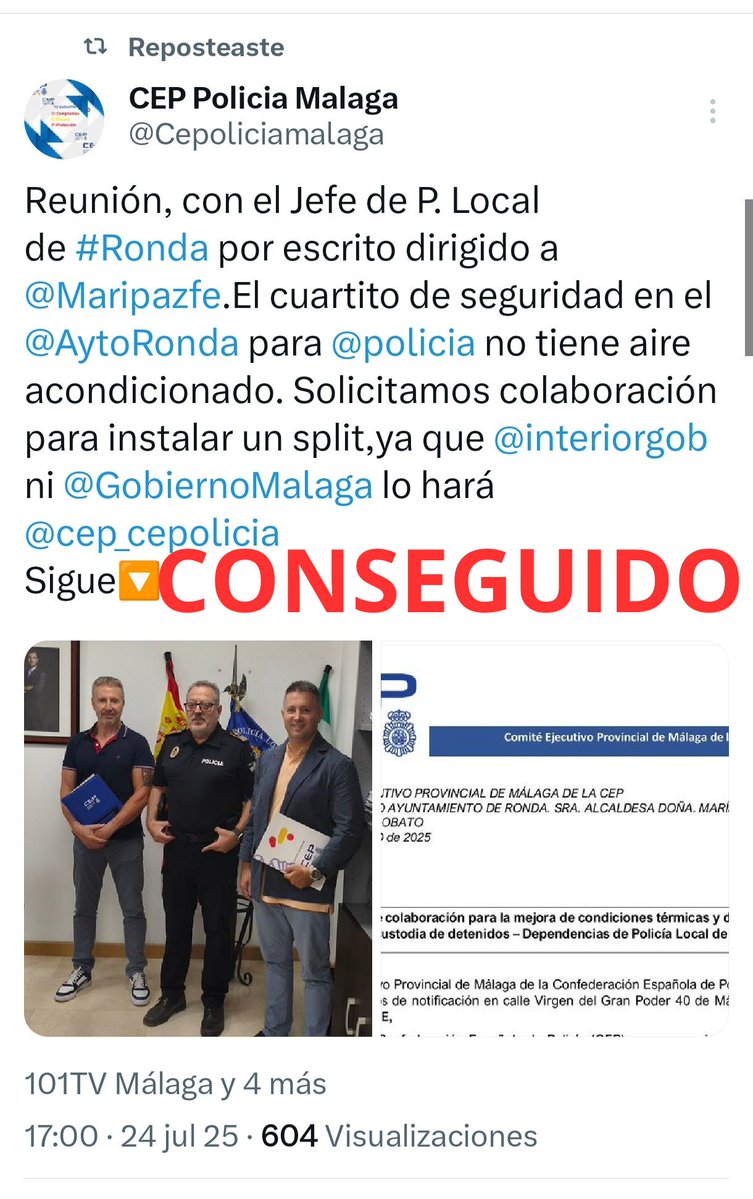 CEP Policia Malaga (@cepoliciamalaga) on Twitter photo La presión de <a href="/cep_cepolicia/">CEP</a> logra que Jefatura de <a href="/policia/">Policía Nacional</a> de #Málaga ponga un portátil de aire en calabozos de P. Local #Ronda. Aun así, agradecemos a <a href="/AytoRonda/">AyuntamientoRonda</a> y <a href="/Maripazfe/">Mari Paz Fernández</a>. Como parte solicitante pedimos estar en esa evaluación. <a href="/cep_cepolicia/">CEP</a> <a href="/interiorgob/">Ministerio del Interior</a>
#CeptuSindicato La presión de <a href="/cep_cepolicia/">CEP</a> logra que Jefatura de <a href="/policia/">Policía Nacional</a> de #Málaga ponga un portátil de aire en calabozos de P. Local #Ronda. Aun así, agradecemos a <a href="/AytoRonda/">AyuntamientoRonda</a> y <a href="/Maripazfe/">Mari Paz Fernández</a>. Como parte solicitante pedimos estar en esa evaluación. <a href="/cep_cepolicia/">CEP</a> <a href="/interiorgob/">Ministerio del Interior</a>
#CeptuSindicato