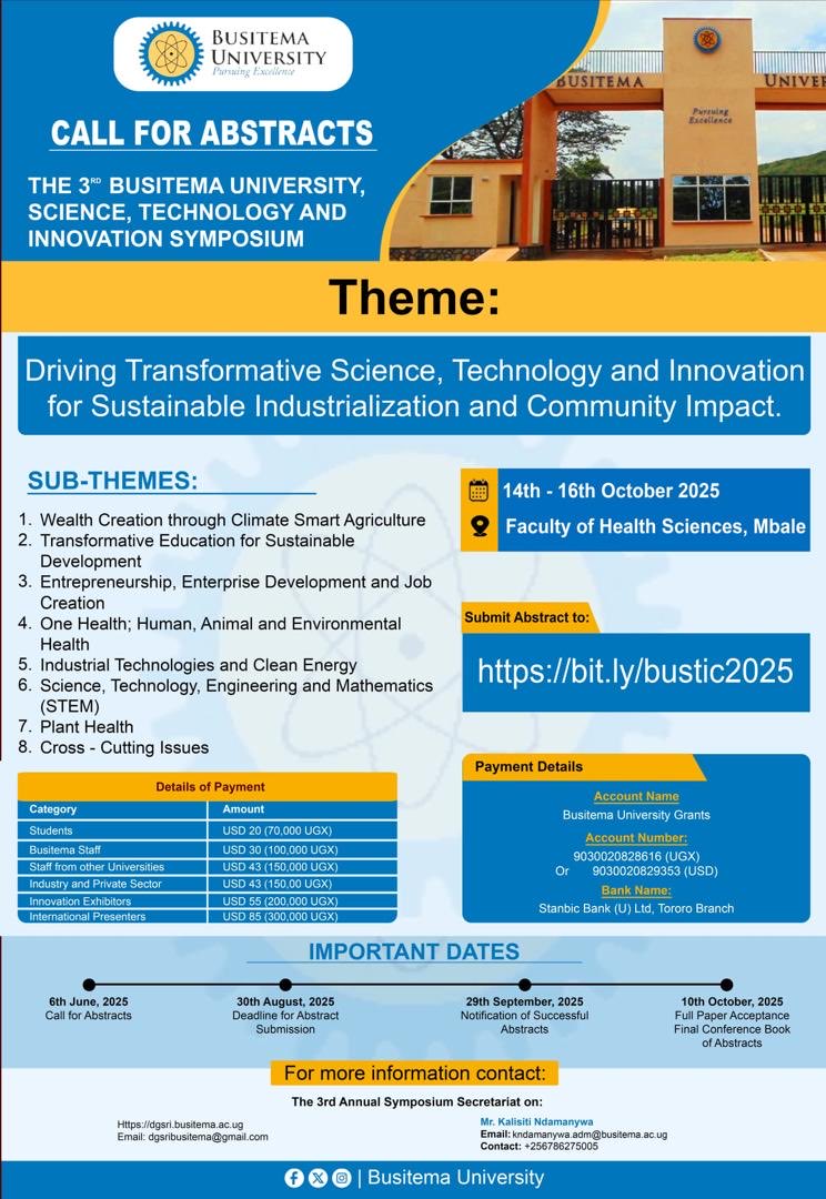 Have you already submitted your abstract ??? Don’t miss out on this great opportunity to share your research at an exceptional scientific forum ⁦<a href="/BusitemaUni/">Busitema University</a>⁩ ⁦⁦<a href="/ProfPaulWaako/">Paul Waako, PhD</a>⁩ ⁦<a href="/ntvuganda/">NTV UGANDA</a>⁩