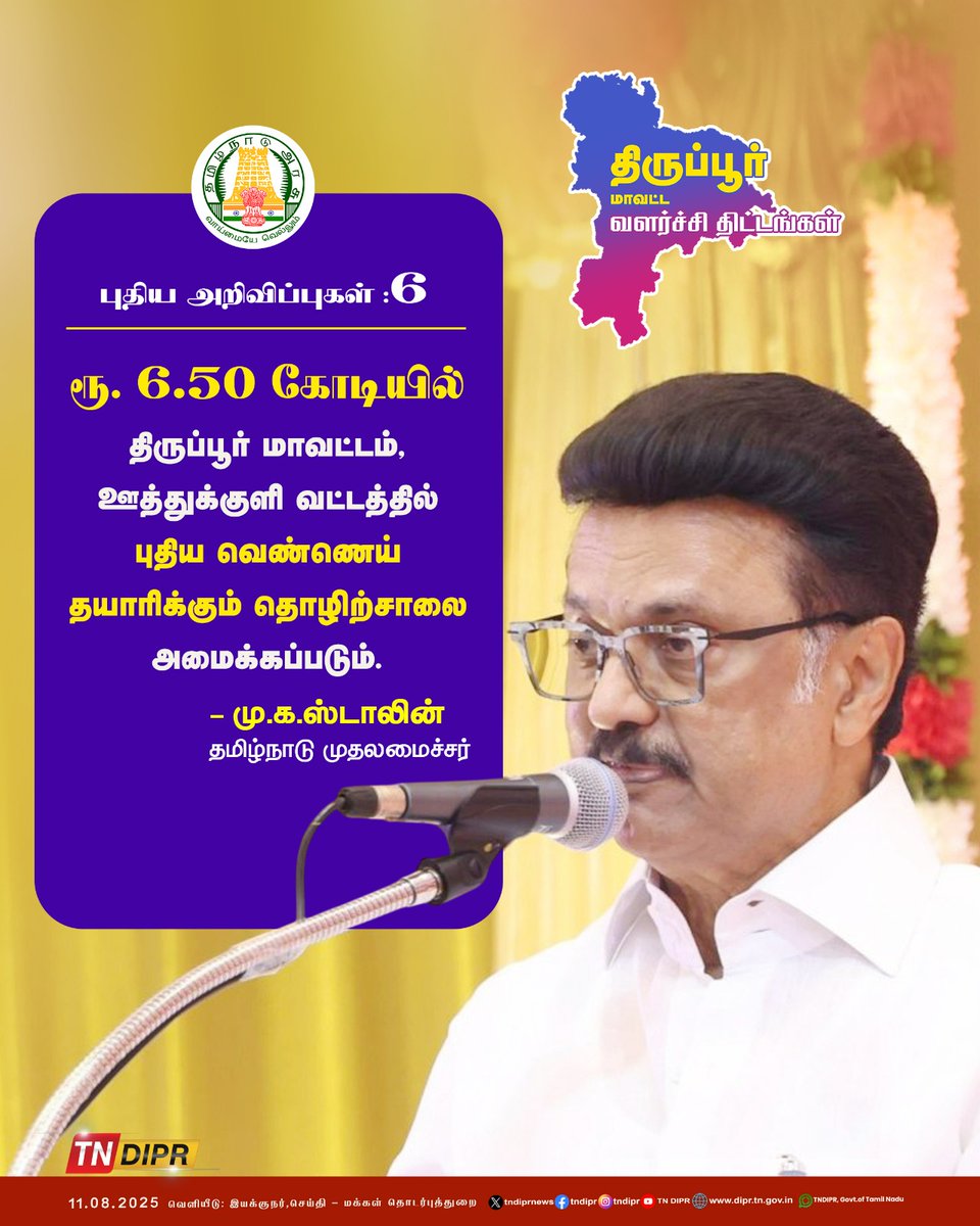 CMOTamilnadu's tweet photo. திருப்பூர் மாவட்டம் உடுமலைப்பேட்டையில் நடைபெற்ற அரசு விழாவில் 7 முக்கிய அறிவிப்புகளை மாண்புமிகு முதலமைச்சர் @mkstalin அவர்கள் வெளியிட்டார்.

2/2 https://t.co/OAGxDLjImR
