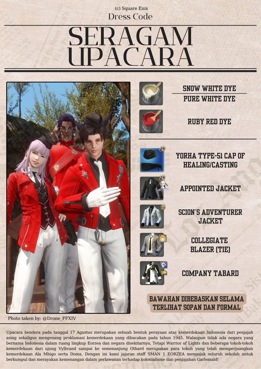 smansa_xiv's tweet photo. [Paduan Seragam Upacara]   
Selamat pagi!👋
Di pagi yang indah ini kami sudah menyiapkan infografis mengenai seragam Upacara Bendera #FFXIV17AN!  

Seluruh pelajar WAJIB untuk mengikuti kegiatan ini ya 😁
photo taken by: @/drone_ffxiv https://t.co/O2JOhLlaOr