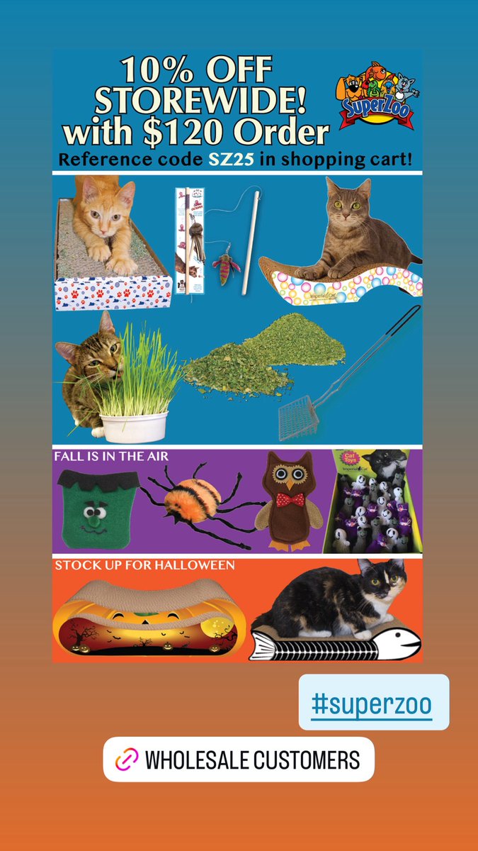 ImperialCat's tweet photo. 📦 Headed to #SuperZoo? Celebrate with 10% off your Imperial Cat order! Use code SZ25 at checkout. Stock up &amp; save. Wholesale only. 🐾 #petstore #cattoys #wholesale https://t.co/VVicduGmpa
