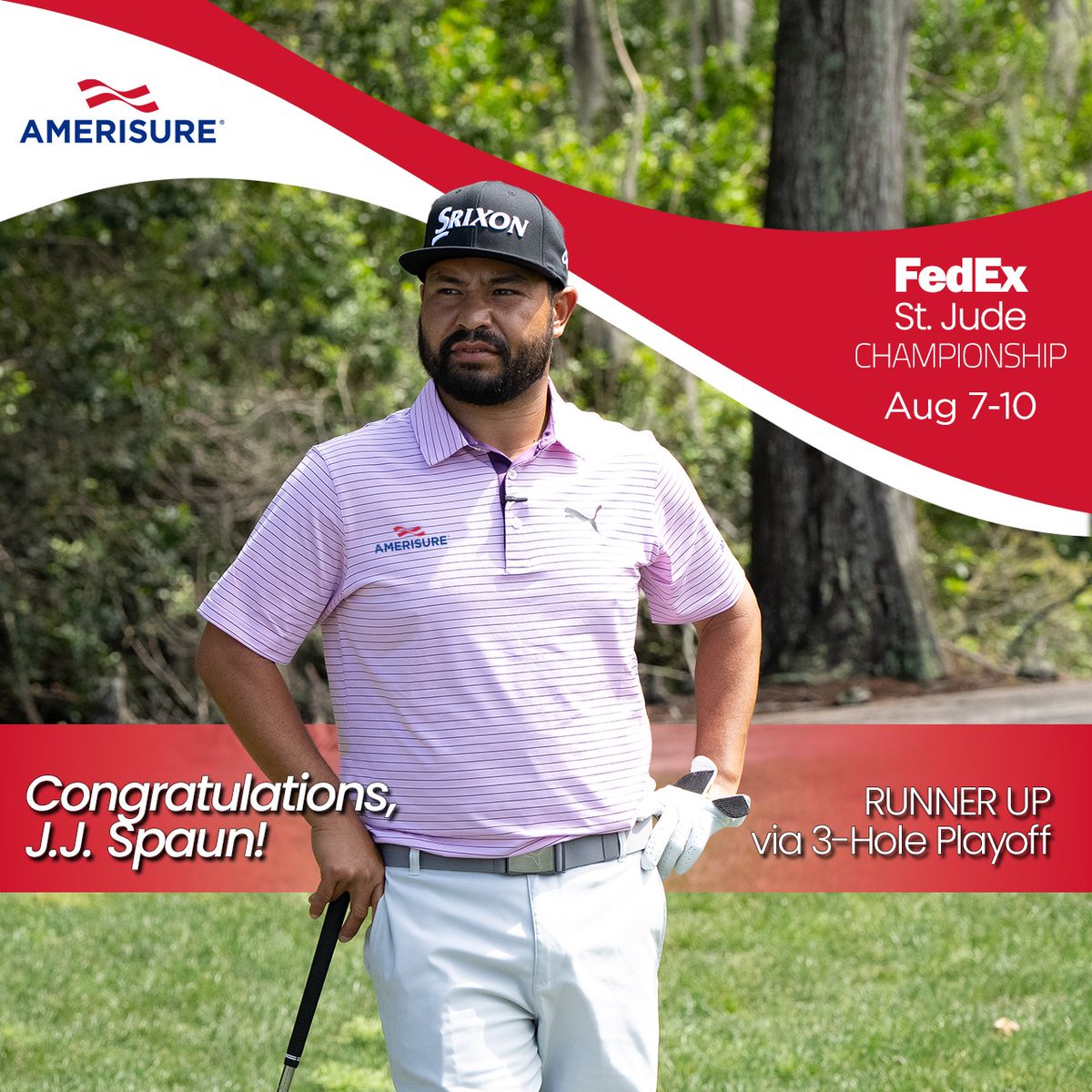 Congratulations @jjspaun on incredible play this weekend and runner-up finish at the <a href="/FedExChamp/">FedEx St. Jude Championship</a>. J.J.’s incredible play this year has elevated him to his highest world ranking, as he enters FedEx Playoff tournament #2 (of 3) ranked third. Amerisure has partnered with J.J. for
