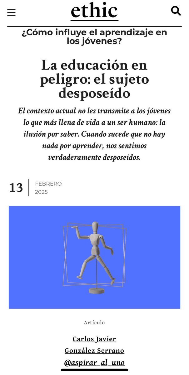 Gamificación sin contenido, pantallas sin lectura, leyes que priorizan “competencias” sin saber qué enseñar.
El resultado: jóvenes con menos comprensión, menos curiosidad y más vacío.
Educar es transmitir conocimiento y pasión, no solo “perfil de salida”.
ethic.es/la-educacion-e…