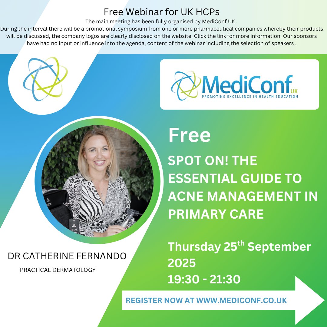 For UK HCPs: ✨Join Dr Catherine Fernando on 25th Sept for Spot On! The Essential Guide to Acne Management in Primary Care

For further information and to book your place click here:

🔗 mediconf.co.uk/event-details.…

#Acne #PrimaryCare #Dermatology