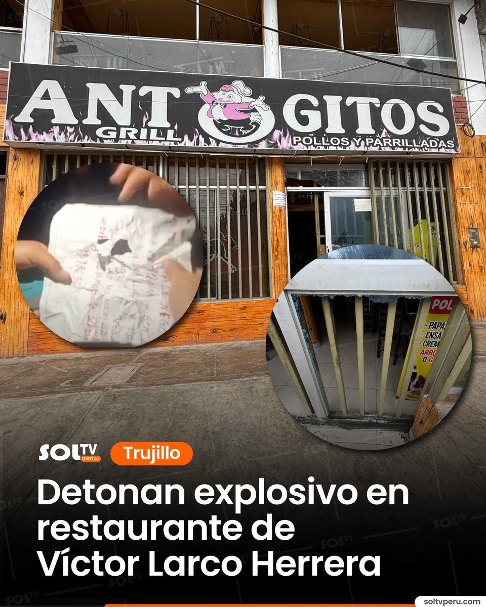 #Trujillo I DEJARON CARTA EXTORSIVA. 🚨 Un restaurante ubicado en el distrito de Víctor Larco, fue blanco de un atentado con explosivos. El hecho ocurrió hoy, lunes 11 de agosto, durante la madrugada. Los autores del atentando también dejaron una carta extorsiva. 

Más