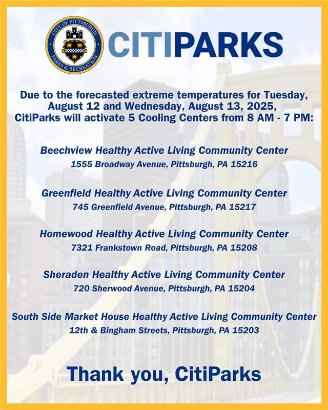 Pittsburgh's tweet image. IMPORTANT NOTICE!

Due to the forecasted extreme temperatures for tomorrow, Tuesday, August 12 and Wednesday, August 13, 2025, COOLING CENTERS WILL BE ACTIVATED!

@CitiParks will active 5 HAL Senior Centers as Cooling Centers on 8/12 and 8/13 from 8 AM - 7 PM.