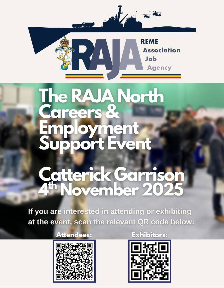 Official_REME's tweet photo. The next RAJA event takes place at Catterick Garrison on 4 November 2025. Sign up using the QR codes for both visitors and exhibitors. https://t.co/SrebG83nsq