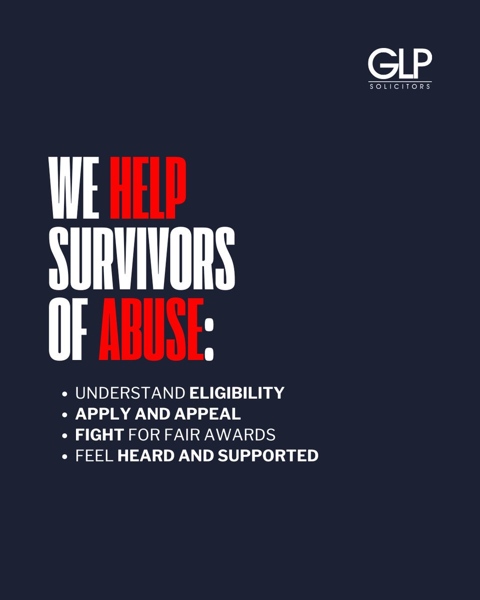 GLP Solicitors stands firmly with survivors of abuse.

The road to justice doesn’t stop at conviction, our expert team fights to secure your rightful CICA compensation, with complete confidentiality and no win, no fee.
You’re not alone.

🔗glplaw.com/contact/

#Survivors