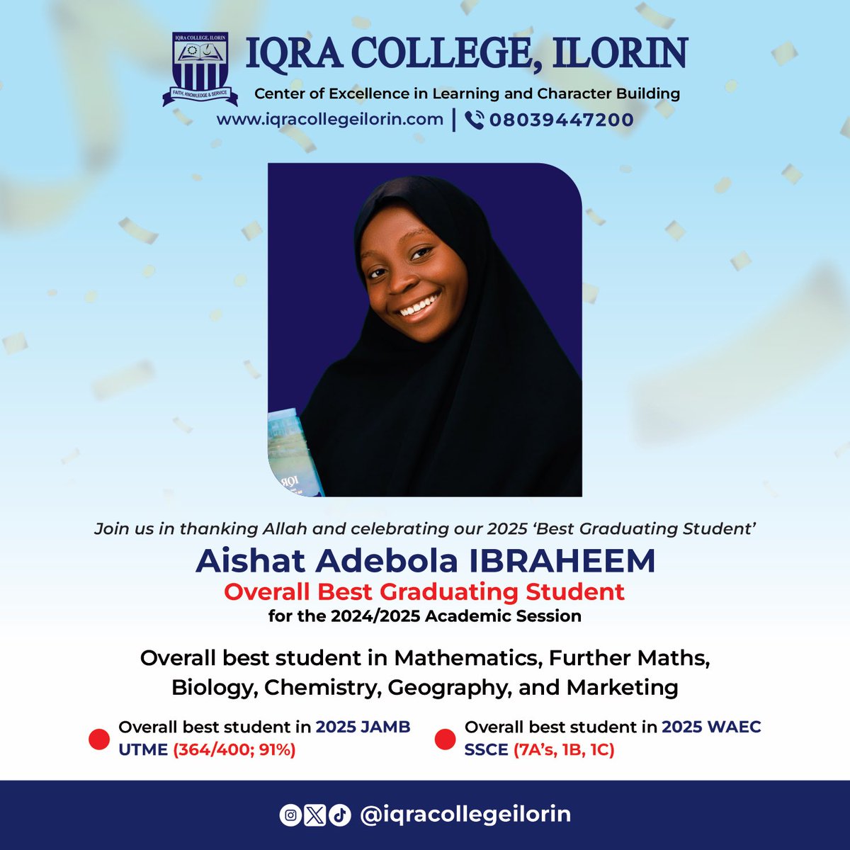 We're thrilled to share the accomplishment of Aisha Adebola IBRAHEEM, the queen of excellence and overall best graduating student for the 2024/2025 academic session.

Let’s celebrate this remarkable achievement and wish Aishat continued success in her future endeavours!