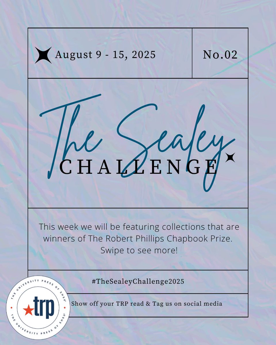 TxReviewPress's tweet photo. This week we will be featuring collections that are winners of The Robert Phillips Chapbook Prize! Share what you’re reading by tagging us and using the hashtag #TRPSummerReading!
(1/2)
-
#SmallPress #UniversityPress #TheSealeyChallenge @SealeyChallenge https://t.co/JtYLhBpdaY