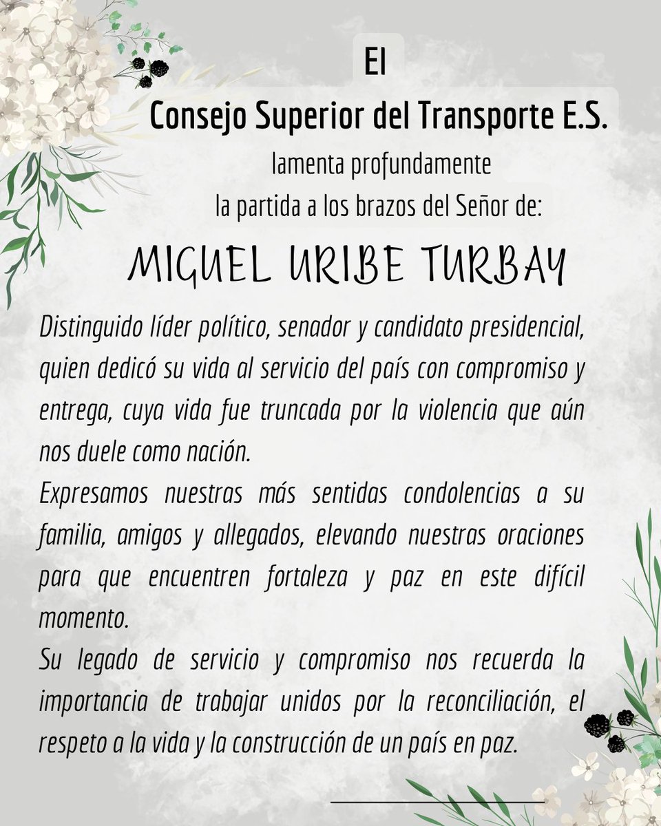 Honramos la memoria de <a href="/MiguelUribeT/">Miguel Uribe</a>  y enviamos un mensaje de fortaleza a su familia. Que su partida nos inspire a trabajar por la paz, la reconciliación y el respeto por la vida.