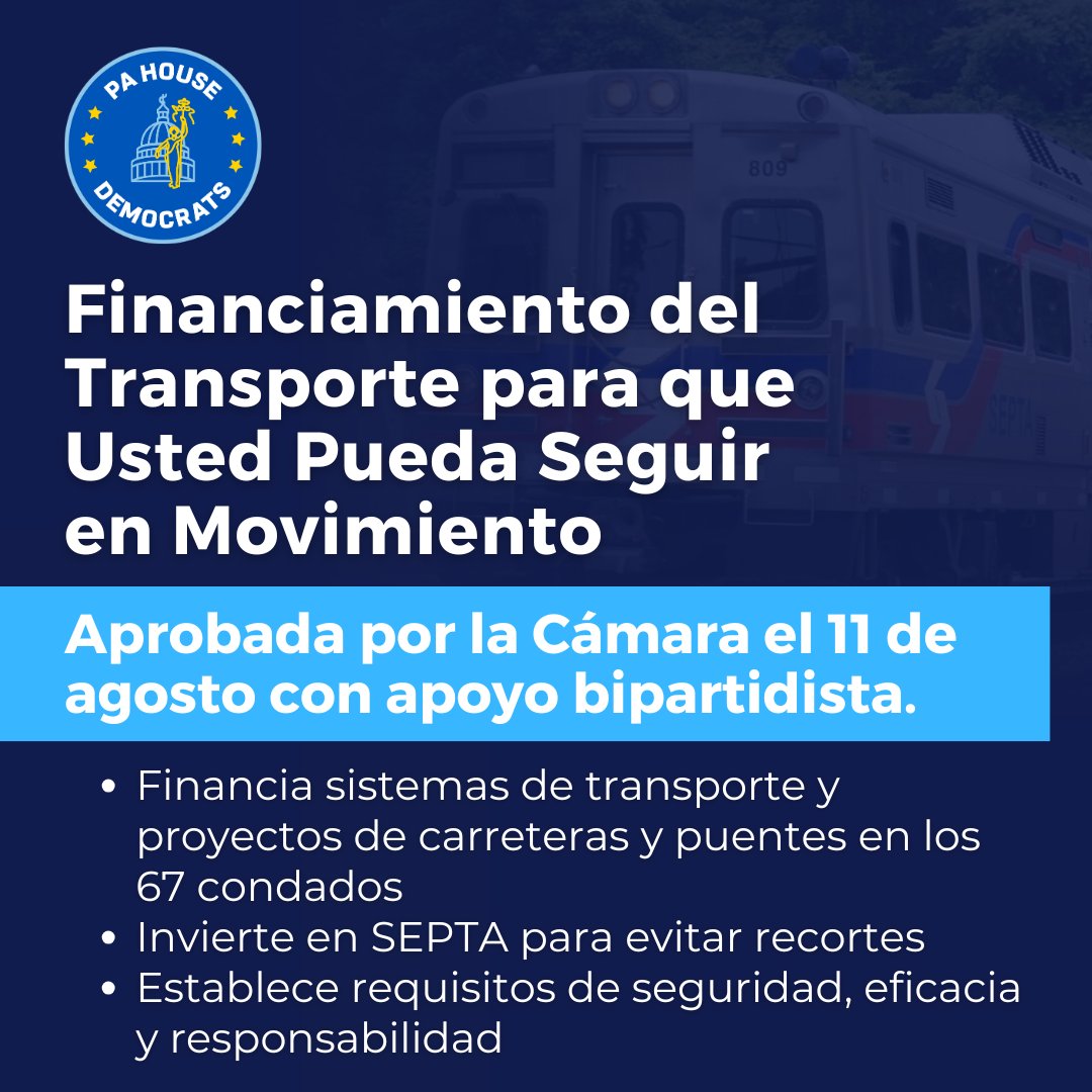 Today, the House passed legislation with bipartisan support that funds PA's transit systems to keep you moving!

Hoy, la Cámara de Representantes aprobó una ley con apoyo bipartidista que financia los sistemas de transporte público de Pensilvania para que puedas seguir viajando.