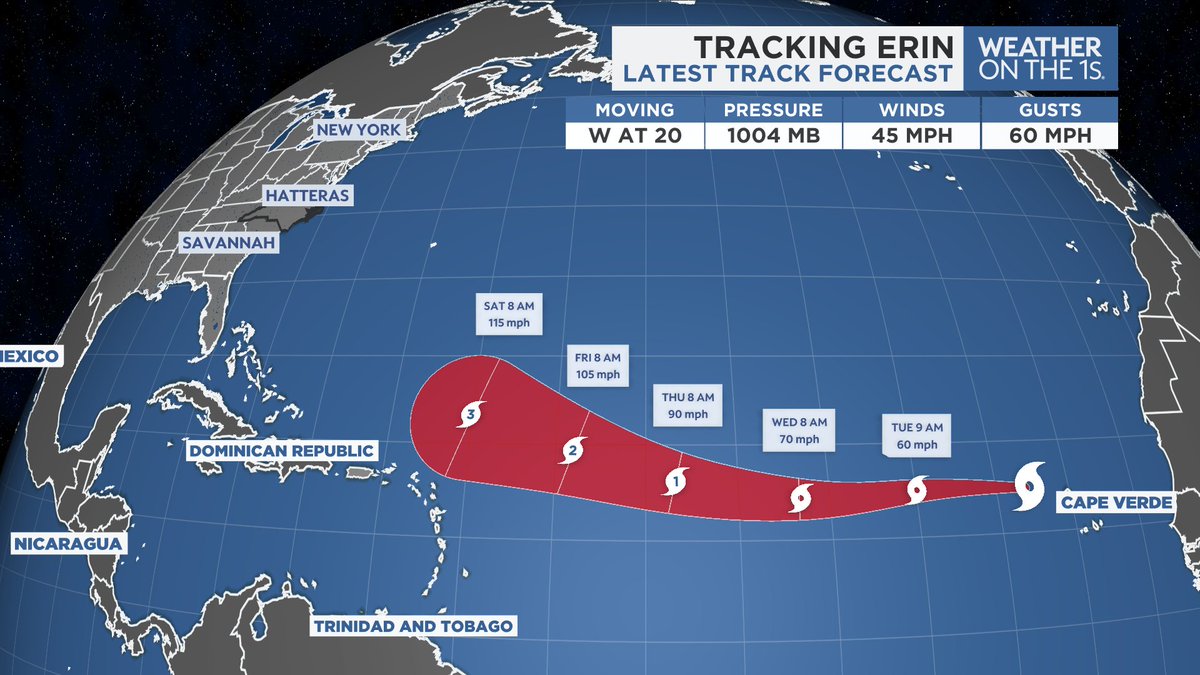 WeathermanVern's tweet photo. Tropical Storm #Erin has formed in the eastern Atlantic. It will eventually become the first hurricane &amp; major hurricane of the 2025 Atlantic Season later this week. 

@SpecNews1RDU 
@SpecNews1Triad 
@SpecNews1CLT 
@SpecNews1ILM 
@SpecNews1MTN https://t.co/GF0slvwAId