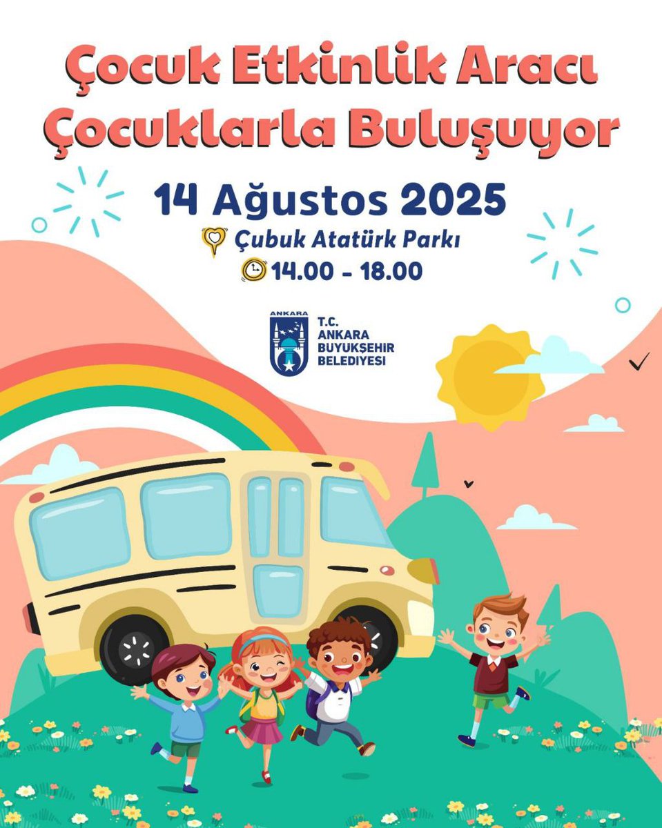 bzmankarahaber's tweet image. ABB'nin Çocuk Etkinlik Aracı Yola Çıkıyor...

14 Ağustos Perşembe - #Çubuk Atatürk Parkı  14.00 – 18.00 

15 Ağustos Cuma - #Elmadağ İsmet Paşa Parkı
 14.00 – 18.00

19 Ağustos Salı - #Nallıhan Meydan Cumhuriyet Alanı 
14.00 – 18.00

@abbbasin @mansuryavas06