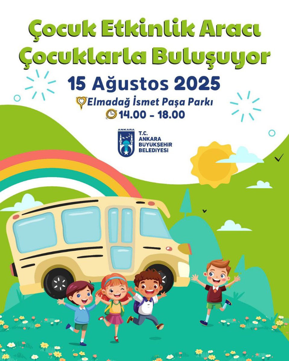 bzmankarahaber's tweet image. ABB'nin Çocuk Etkinlik Aracı Yola Çıkıyor...

14 Ağustos Perşembe - #Çubuk Atatürk Parkı  14.00 – 18.00 

15 Ağustos Cuma - #Elmadağ İsmet Paşa Parkı
 14.00 – 18.00

19 Ağustos Salı - #Nallıhan Meydan Cumhuriyet Alanı 
14.00 – 18.00

@abbbasin @mansuryavas06
