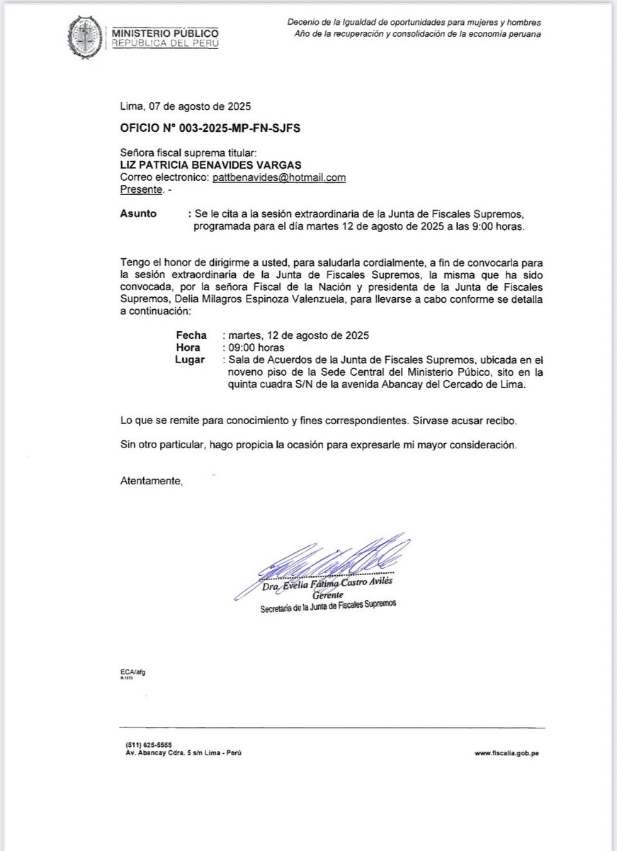 Junta de Fiscales Supremos incorpora y convoca la Dra. Patricia Benavides Vargas.