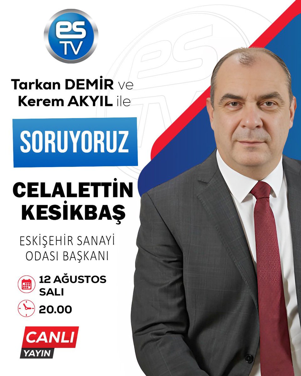 Celalettin Kesikbaş (@celalettinkskbs) on Twitter photo 12 Ağustos 2025 Salı
Saat: 20:00 ESTV'de,
canlı yayınlanacak
"Soruyoruz" programında gazeteciler Sn.Tarkan Demir ile Sn.Kerem Akyıl’ın konuğu olacağım.
<a href="/keremakyil73/">Kerem Akyıl</a>
<a href="/TarkanDemir0826/">Tarkan Demir</a>
<a href="/esksanayiodasi/">Eskişehir Sanayi Odası</a>
<a href="/ESTV_ONLINE/">ES TV</a> 12 Ağustos 2025 Salı
Saat: 20:00 ESTV'de,
canlı yayınlanacak
"Soruyoruz" programında gazeteciler Sn.Tarkan Demir ile Sn.Kerem Akyıl’ın konuğu olacağım.
<a href="/keremakyil73/">Kerem Akyıl</a>
<a href="/TarkanDemir0826/">Tarkan Demir</a>
<a href="/esksanayiodasi/">Eskişehir Sanayi Odası</a>
<a href="/ESTV_ONLINE/">ES TV</a>