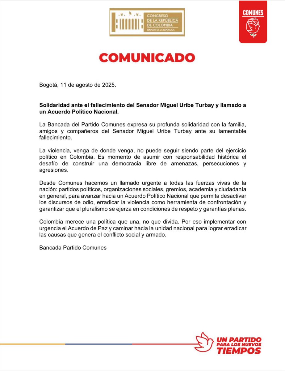 Desde <a href="/ComunesCoL/">Partido COMUNES 🌹</a> expresamos nuestra solidaridad con la familia de Miguel. Es momento de que avancemos en un Acuerdo Nacional para minar el odio y la violencia en la política colombiana.