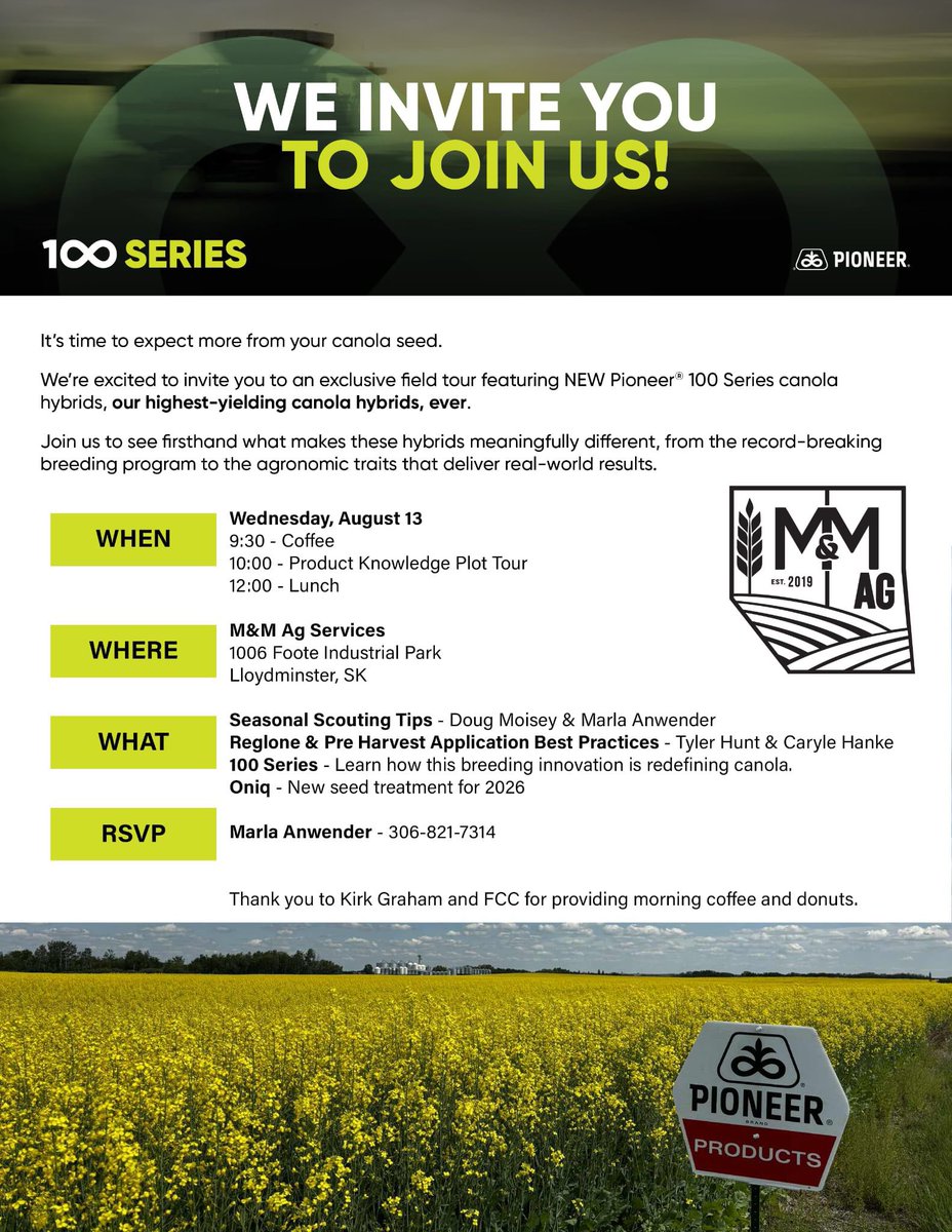 MarlaAnwender's tweet photo. Looking forward to a great meeting to kick off harvest this Wednesday. Hot topics and a look at the new 100 Series canola. @PioneerSeedsCA #lloydminster
#productknowledgeplots https://t.co/LHkMg3jZOs