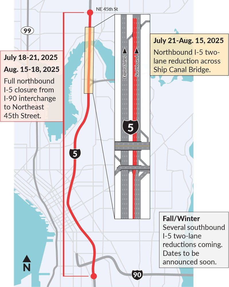 🚧 Major I-5 Closure Alert: August 15–18! 🚧
Heads up, I-5 travelers! Northbound I-5 will be closed from the I-90 interchange to NE 45th St from 11:59 p.m. Friday, Aug. 15, through 5 a.m. Monday, Aug. 18. Read more for alternative modes chooseyourwaybellevue.tm00.com/u/lp/Main/t/c-…