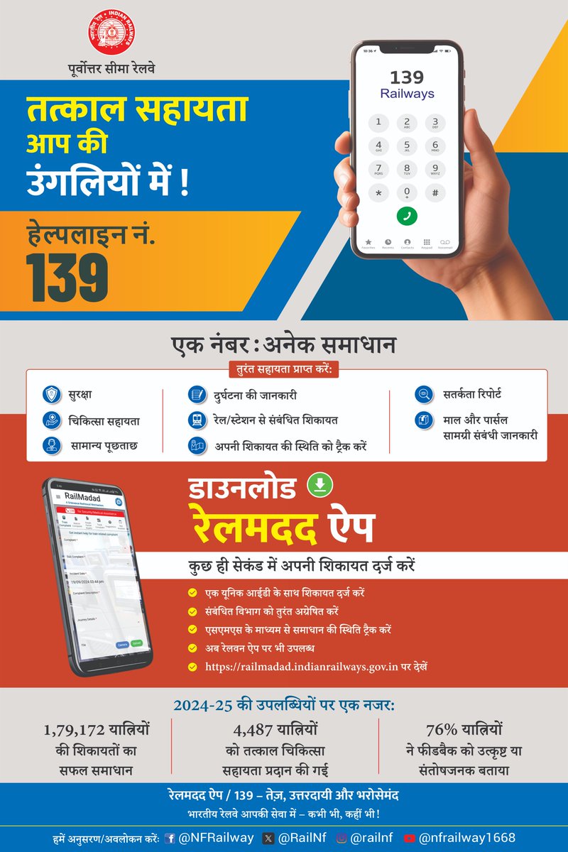 drm_kir's tweet photo. रेलमदद हेल्पलाइन नंबर एक, मिलेगी सहायता अनेक, भारतीय रेल से संबंधित किसी भी शिकायत, जानकारी या समाधान के लिए रेलमदद हेल्पलाइन नंबर- 139 डायल करें।
#OneRailOneHelpline139
#RailMadad
#139Helpline
#railnf https://t.co/GdbLZ1R7oF