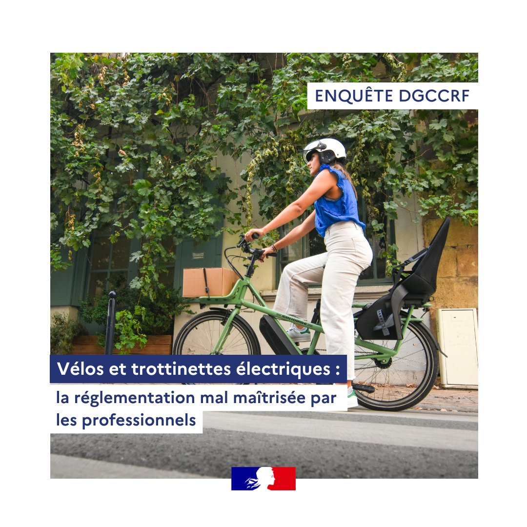 dgccrf's tweet photo. 🚴🛴 Les vélos et trottinettes électriques peuvent présenter des risques si leurs conditions de fabrication et de vente ne sont pas respectées : incendie, explosion, choc électrique, accident… Nous avons enquêté sur la sécurité de ces engins
👇 https://t.co/d9ejVYYReU https://t.co/kETsUHqduc