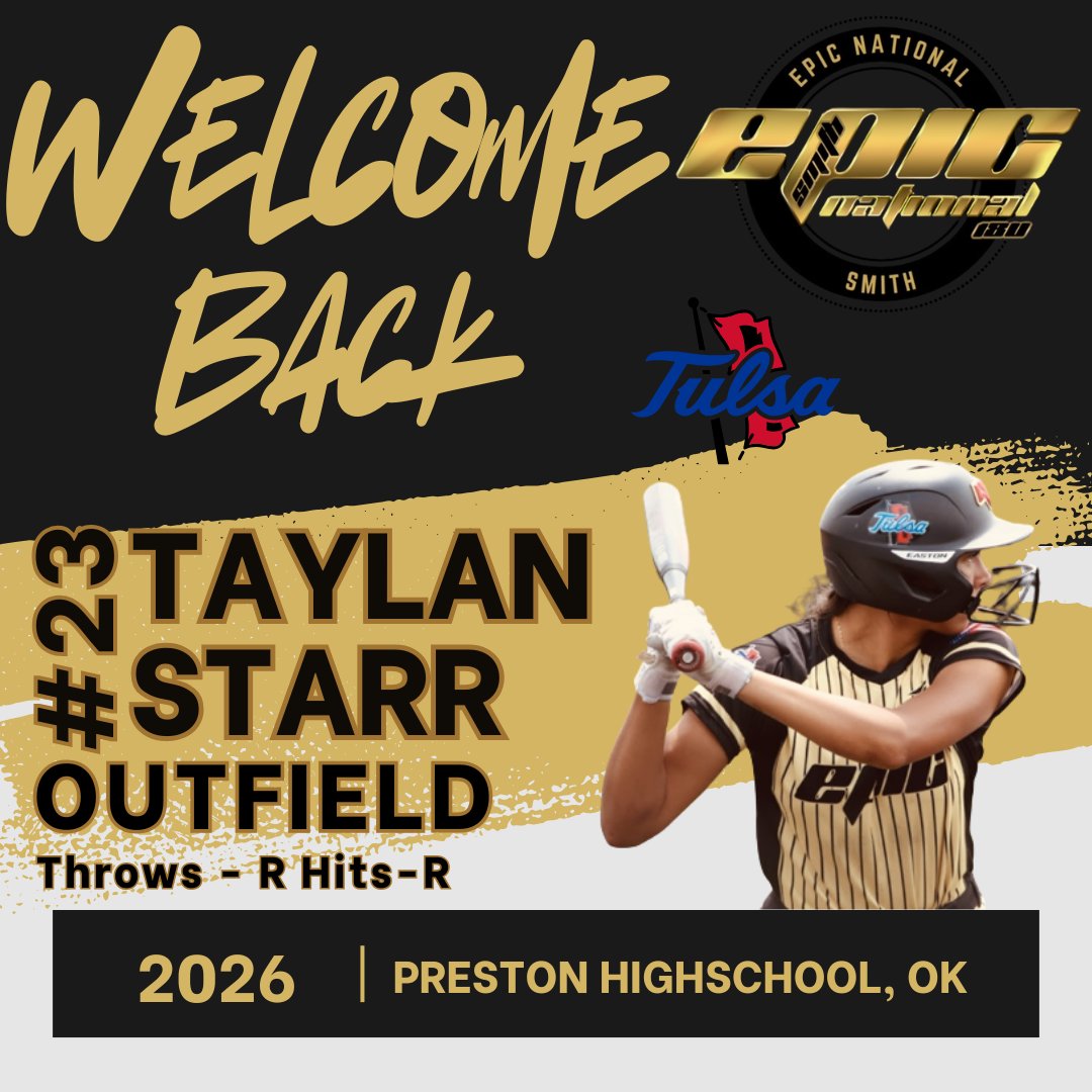 Epic National 18U Smith (@epicnational18) on Twitter photo Another↩️to our #Epic 25/26 roster
Welcome back, <a href="/TaylanStarr/">Taylan Starr</a>,our OF <a href="/TulsaSoftball/">Tulsa Softball</a> commit. No doubt, #Senior year is going to be epic! Let's Work 🔨🔨 Another↩️to our #Epic 25/26 roster
Welcome back, <a href="/TaylanStarr/">Taylan Starr</a>,our OF <a href="/TulsaSoftball/">Tulsa Softball</a> commit. No doubt, #Senior year is going to be epic! Let's Work 🔨🔨