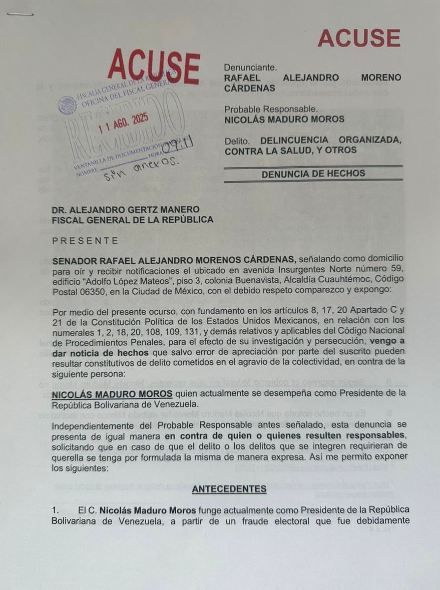 Alejandro Moreno (@alitomorenoc) on Twitter photo Esta mañana denuncié ante la <a href="/FGRMexico/">FGR México</a> al presidente de Venezuela 🇻🇪, <a href="/NicolasMaduro/">Nicolás Maduro</a>.
Debe responder ante la justicia por todos los vínculos con el crimen organizado, los nexos con cárteles mexicanos y la relación con políticos de MORENA.
Los narcospolíticos deben Esta mañana denuncié ante la <a href="/FGRMexico/">FGR México</a> al presidente de Venezuela 🇻🇪, <a href="/NicolasMaduro/">Nicolás Maduro</a>.
Debe responder ante la justicia por todos los vínculos con el crimen organizado, los nexos con cárteles mexicanos y la relación con políticos de MORENA.
Los narcospolíticos deben