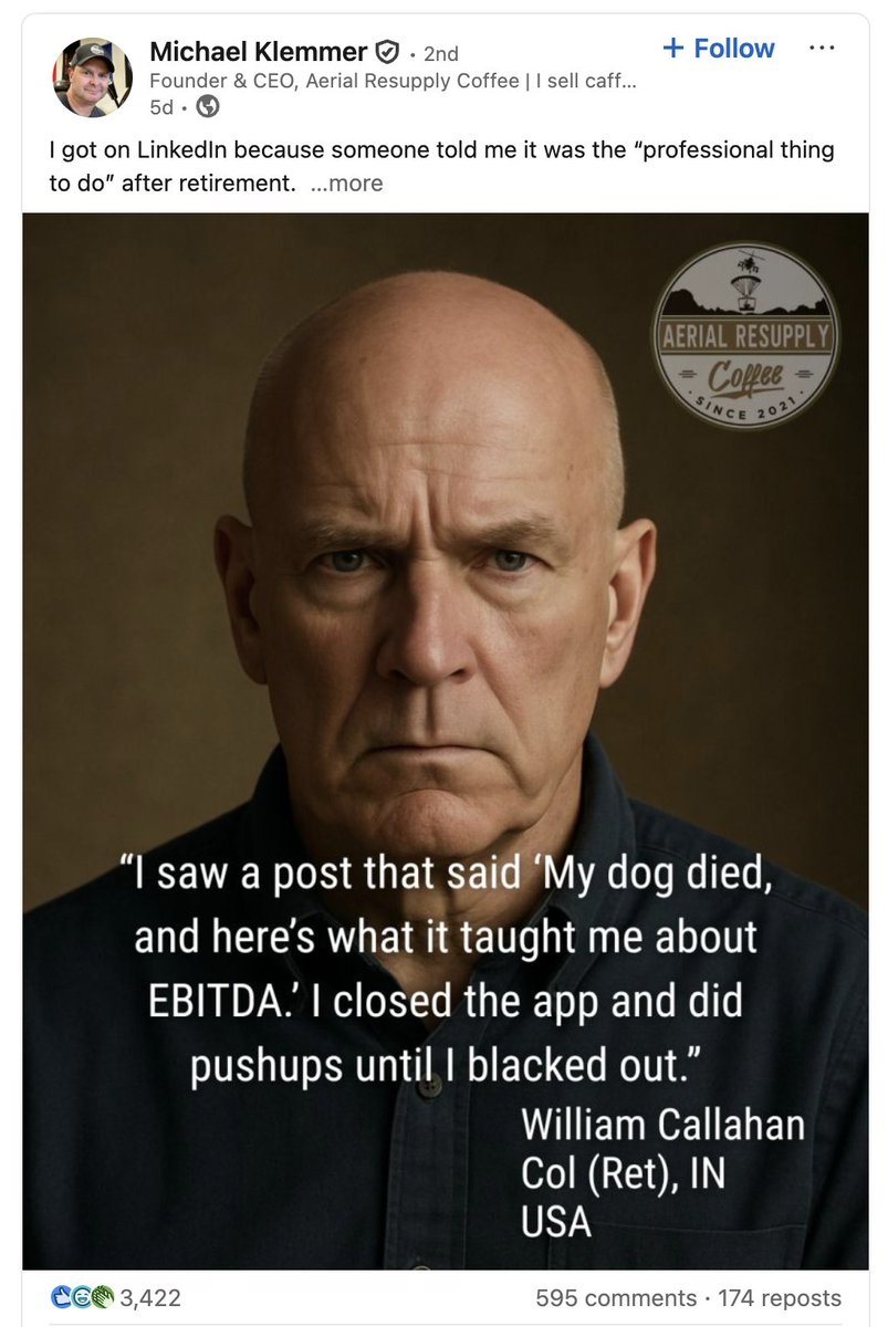 <a href="/LinkedInLunat1c/">LinkedIn Lunatics</a> The state of social media is to reward this kind of poast (screencapped original), just like the kinds of things it calls out, with attention. The post does a great job of a hardnosed polemic. Everyone loves it. The choir goes to church every Sunday and says, "Amen," even when it