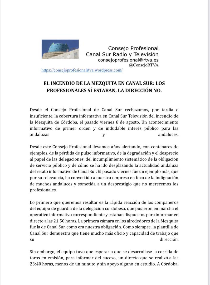 ConsejoRTVA's tweet photo. “El incendio de la Mezquita en Canal Sur: los profesionales sí estaban, la dirección no”, último comunicado de este Consejo Profesional.
Perdida de pulso informativo,degradación de las delegaciones,quiebra del SP y sacar a #Andalucía del relato informativo, las causas #CanalSur👇 https://t.co/uNE5f4Pigb