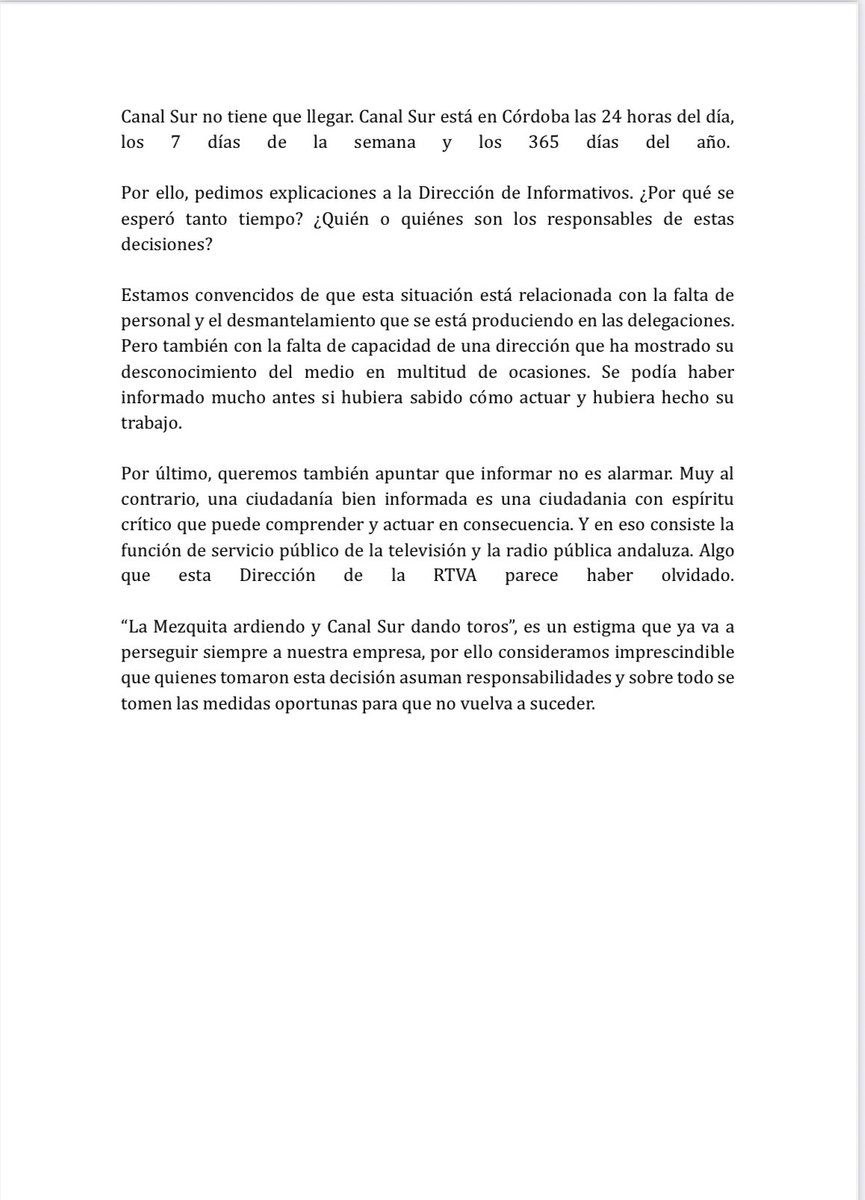 “El incendio de la Mezquita en Canal Sur: los profesionales sí estaban, la dirección no”, último comunicado de este Consejo Profesional.
Perdida de pulso informativo,degradación de las delegaciones,quiebra del SP y sacar a #Andalucía del relato informativo, las causas #CanalSur👇