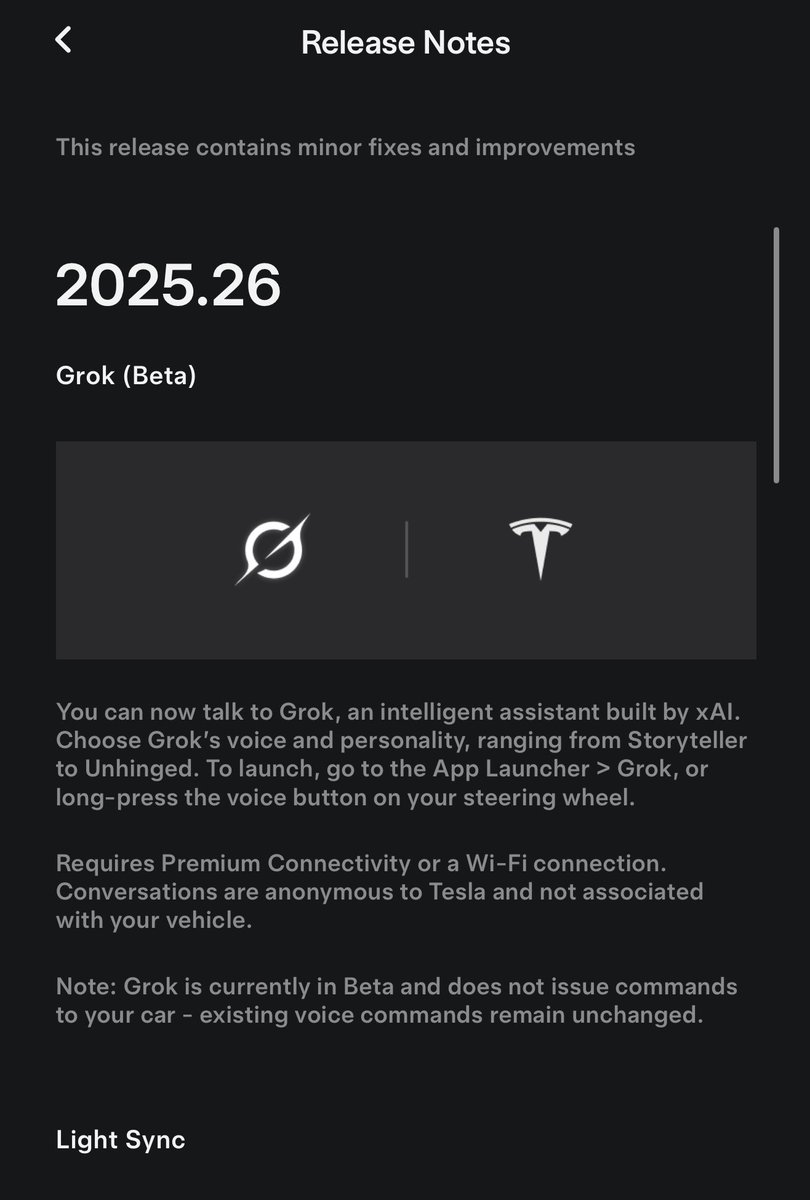 BLKMDL3's tweet photo. In just over a month of ownership with my new Model Y, Tesla has added so many features, over the air, for free.

- Grok
- Light Sync with Rave Cave
- Audio Profiles
- Onboarding Guide
- Adjustable Dashcam playback
- Supercharger site additional info as well as live activity + more

This is in just a month, most other brands don’t improve your car after you get it. The Tesla software and UI teams are truly unmatched.