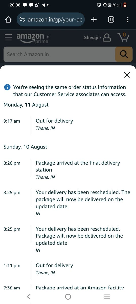 Shivay0906's tweet photo. @amazonIN I placed an order on 6th Aug with an expected delivery date of 10th Aug, but the product was not delivered. Later the tracking showed it would be delivered on 11th Aug between 12 AM &amp; 11 PM, yet it's still undelivered. Why give false delivery commitments to customers? https://t.co/YcvZPbrtid
