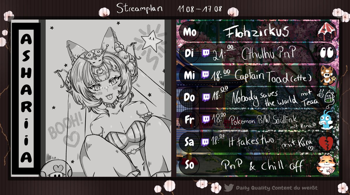 Streamplan🦊

Di: Cthulhu Pen and Paper - 21Uhr 
Mi: Captain Toad - 18Uhr Toadette reißt dem 🐣 die 🪶 aus
Do: Nobody saves the World - 18Uhr Road to 🐲
Fr: Pokemon Soullink - 18Uhr Zekrom solot die 6te Arena? ⚡️
Sa: It takes two - 18Uhr Nach dem Gefängnis folgt der Ehekrieg 💔