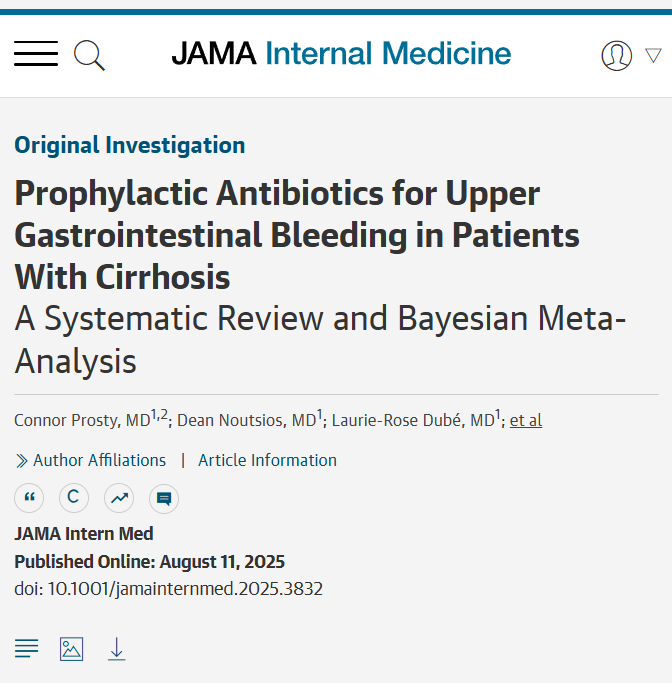 JAMA Internal Medicine (@jamainternalmed) on Twitter photo Shorter durations of #antibiotic prophylaxis, including no prophylaxis, appear noninferior to longer durations for preventing mortality in patients with #cirrhosis and upper gastrointestinal bleeding.
ja.ma/45k4vvS
@bradspellberg <a href="/DrToddLee/">Todd C. Lee</a> Shorter durations of #antibiotic prophylaxis, including no prophylaxis, appear noninferior to longer durations for preventing mortality in patients with #cirrhosis and upper gastrointestinal bleeding.
ja.ma/45k4vvS
@bradspellberg <a href="/DrToddLee/">Todd C. Lee</a>